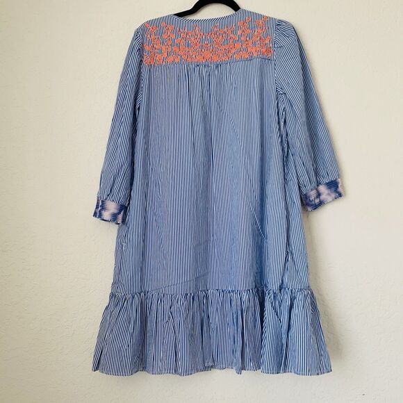 J CREW Leda Dress S Blue Stripe Embroidered Ruffle Hem Boho Cottagecore Peasant - Picture 2 of 15